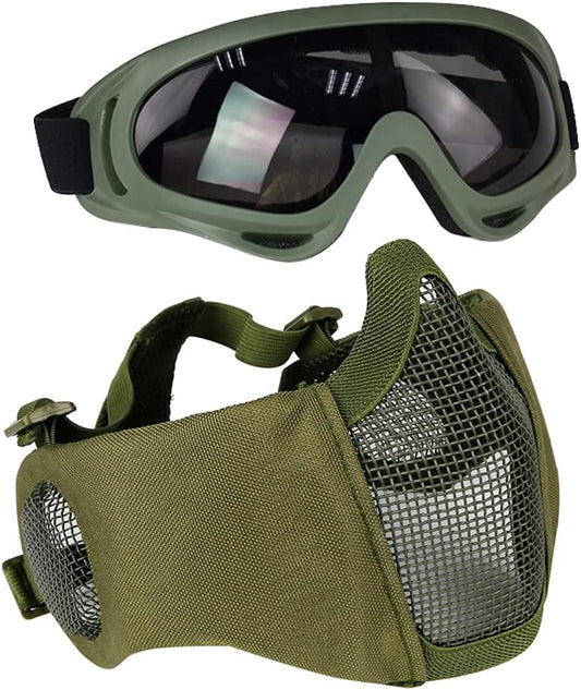 Airsoft Protective Gear Set, Half Face Mesh Mask with Ear Protection and Goggles for Adult Men Women BBS Paintball Shooting CS Survival Games Cosplay