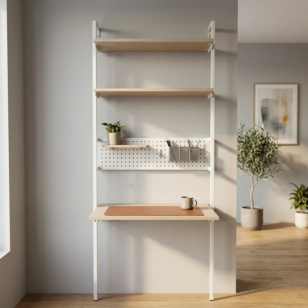 Modern Ladder Desk with Wood Shelves and Pegboard Storage for Home Office Minimalist Design Freestanding Assembly Required