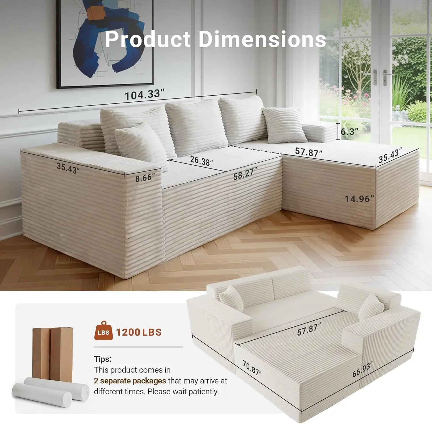L Shape Boneless Corduroy Modular Sectional Sofa With Armrest