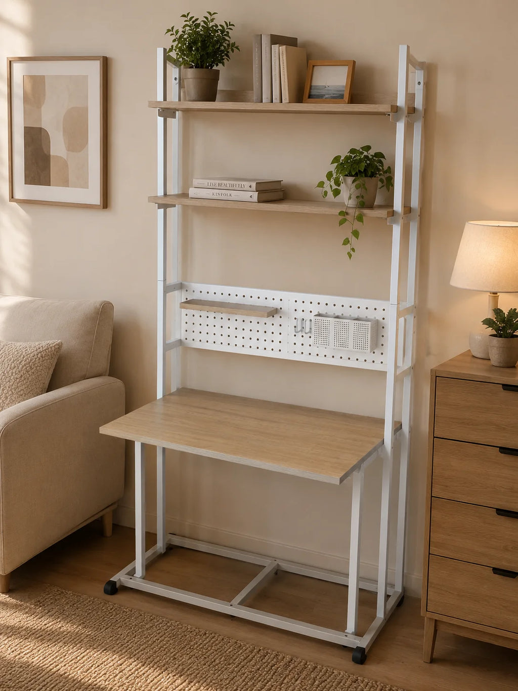 Modern Ladder Desk with Wood Shelves and Pegboard Storage for Home Office Minimalist Design Freestanding Assembly Required