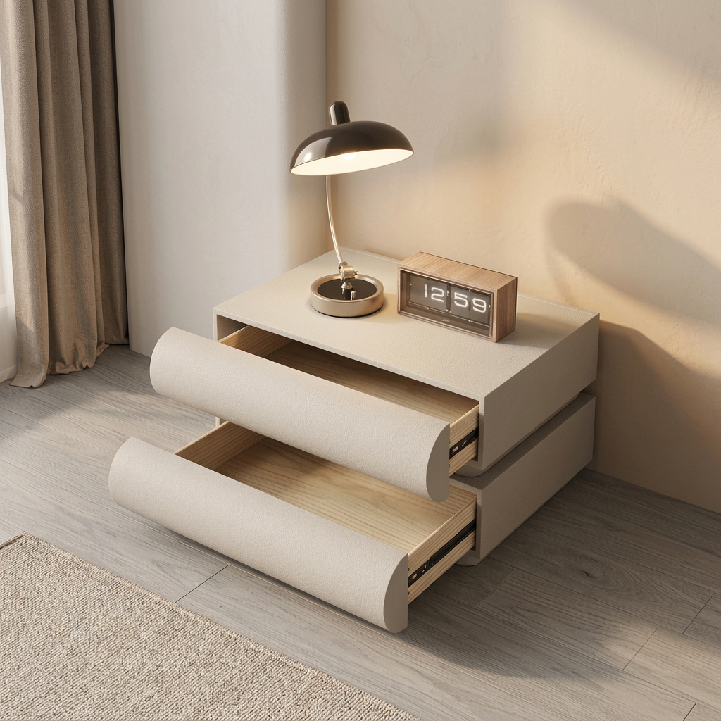 White rice nightstand with open drawers